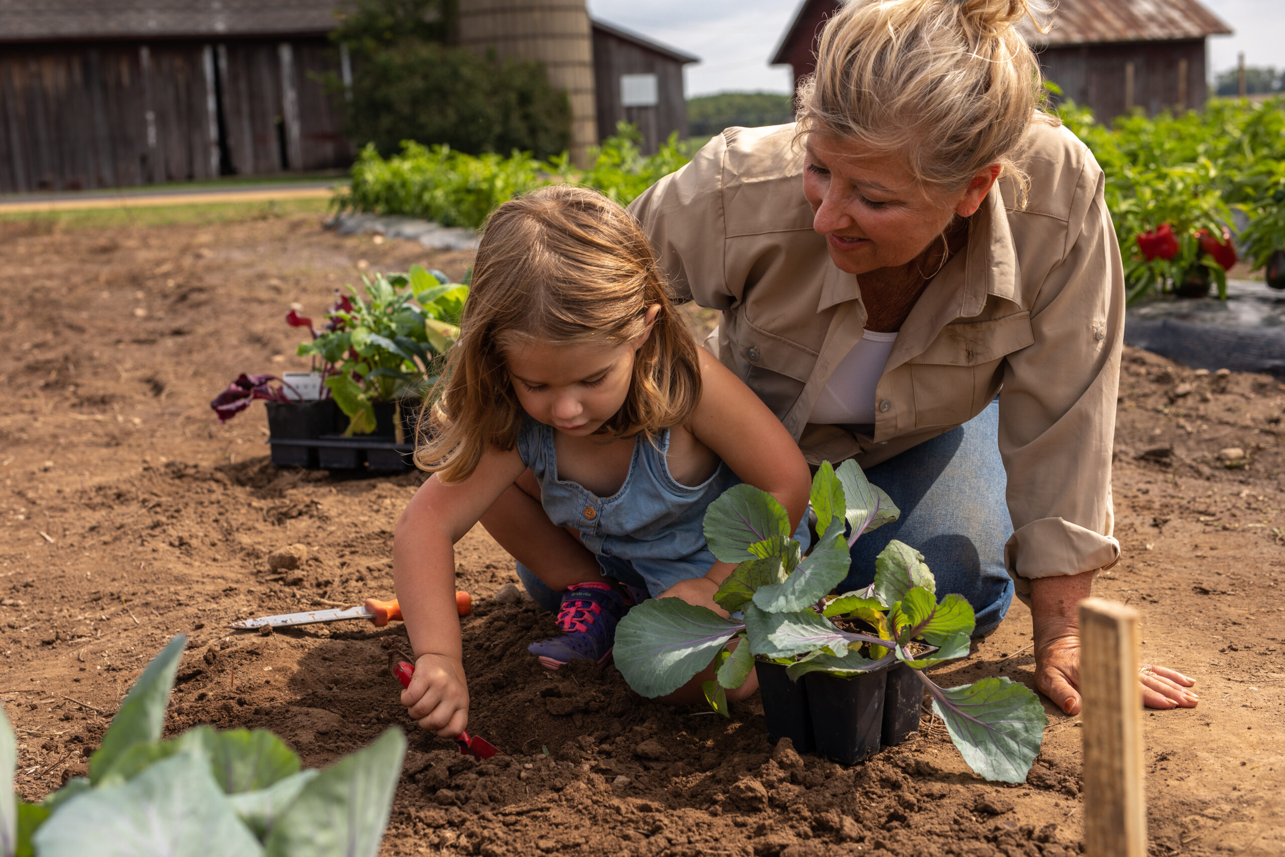 Grandmother and granddaughter sitting in garden planting a plant